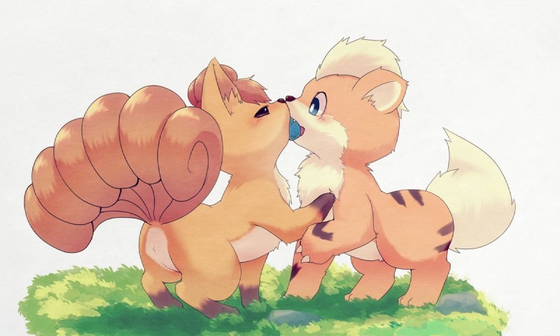 ambiguous_gender berry blush butt duo feral food fruit grass kissing multi_tail oran_berry plant pokemon_berry rock tail teeth rag._(artist) nintendo pokemon canid canine generation_1_pokemon growlithe mammal pokemon_(species) vulpix 5:3