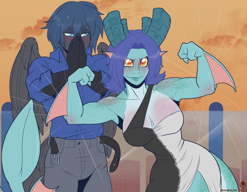 belt blue_hair blush clothing dress duo female flexing hair male male/female open_belt avencri mythology the_eye_of_ramalach ben_(avencri) mayte avian bird dragon mythological_creature mythological_scalie reptile scalie snake meme