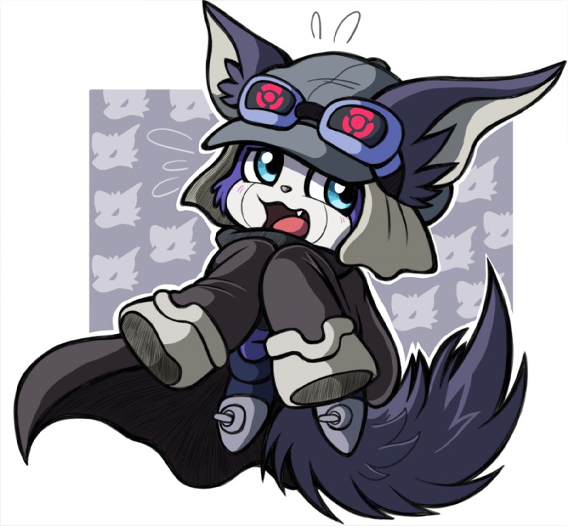 ambiguous_gender anthro big_ears blue_eyes blush clothing eyewear fluffy fluffy_tail fur goggles grey_background hat headgear headwear large_jacket markings open_mouth purple_body purple_fur simple_background solo tail white_body white_fur portugueselynx bandai_namco digimon appmon_(species) canid digimon_(species) mammal offmon 2018