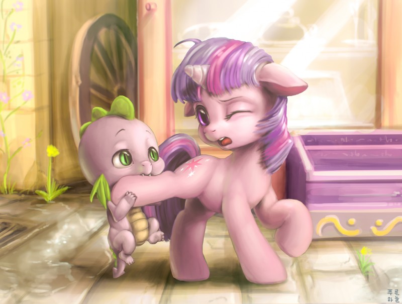 anthro bite city cutie_mark duo female feral flower fur green_eyes hair horn multicolored_hair outside plant purple_body purple_eyes purple_fur showcase tail wheel young young_anthro mrs1989 friendship_is_magic hasbro my_little_pony mythology spike_(mlp) twilight_sparkle_(mlp) dragon equid equine mammal mythological_creature mythological_equine mythological_scalie scalie unicorn 2015 hi_res