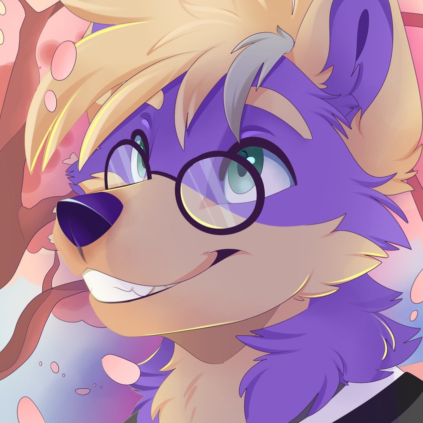 anthro biped black_nose cheek_tuft cherry_blossom chest_tuft clothing eyebrows eyewear facial_tuft flower fur glasses green_eyes grey_hair grim grin hair male multicolored_body multicolored_fur multicolored_hair neck_tuft outside pince-nez plant prunus_(flower) purple_body purple_fur smile solo suit tan_body tan_eyebrows tan_fur tan_hair tree tuft two_tone_body two_tone_fur feve canid canine mammal 1:1 2021 headshot_portrait hi_res icon portrait