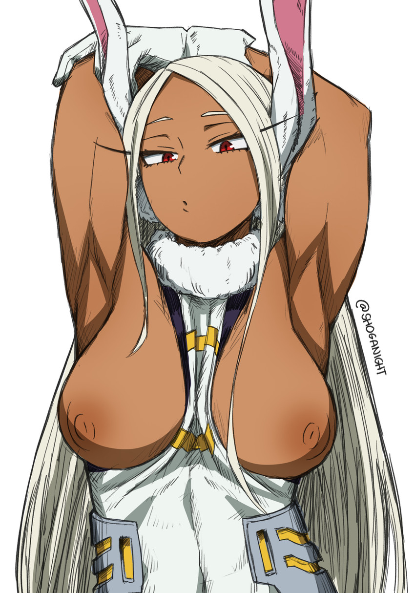 big_breasts breasts brown_body brown_skin clothed clothing exposed_breasts eyelashes female hair nipples partially_clothed raised_arm red_eyes simple_background solo white_background white_hair shoganight my_hero_academia rumi_usagiyama animal_humanoid humanoid lagomorph lagomorph_humanoid leporid_humanoid mammal mammal_humanoid rabbit_humanoid 2020 hi_res