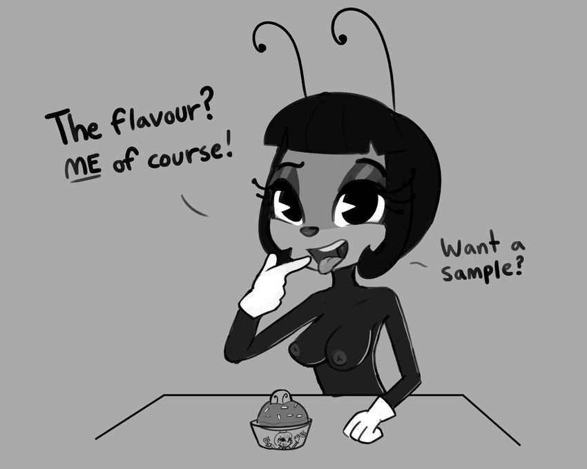 antennae_(anatomy) anthro black_hair breasts clothing dessert dialogue female food gloves hair half-closed_eyes handwear ice_cream looking_at_viewer narrowed_eyes nipples open_mouth pie_cut_eyes solo teeth text tongue tongue_out tjpones if_(2024) paramount_pictures blossom_(if) arthropod 2024 absurd_res english_text greyscale hi_res monochrome