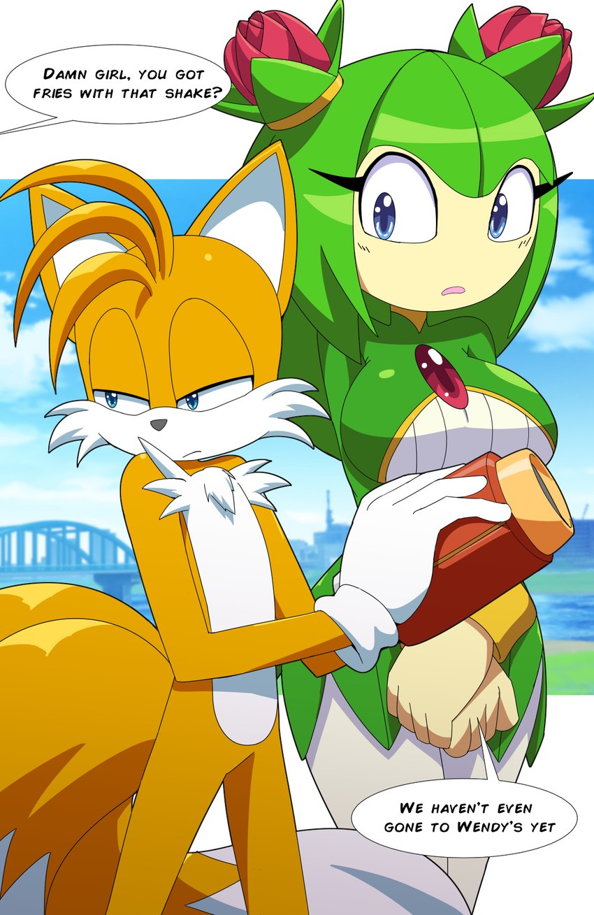 aged_up anthro big_breasts blaster blush breasts dialogue duo female looking_offscreen male narrowed_eyes offscreen_character plant text kojiro-brushard sega sonic_the_hedgehog_(series) sonic_x cosmo_the_seedrian miles_prower canid canine elemental_creature flora_fauna fox humanoid mammal seedrian 2022 english_text hi_res