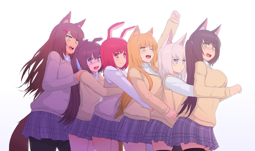 big_breasts breasts clothed clothing female fully_clothed group legwear school_uniform simple_background thigh_highs uniform white_background nao_(artist) animal_humanoid canid canid_humanoid canine canine_humanoid humanoid lagomorph lagomorph_humanoid leporid_humanoid mammal mammal_humanoid rabbit_humanoid digital_media_(artwork) hi_res shaded