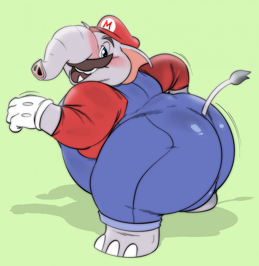 anthro belly big_butt blue_clothing blue_overalls blush butt clothing facial_hair gloves handwear hat headgear headwear male mustache overalls overweight overweight_anthro overweight_male red_clothing red_shirt red_topwear shirt solo topwear satsui-n0-had0u mario_bros nintendo super_mario_bros_wonder elephant_mario mario elephant elephantid mammal proboscidean 2023 hi_res