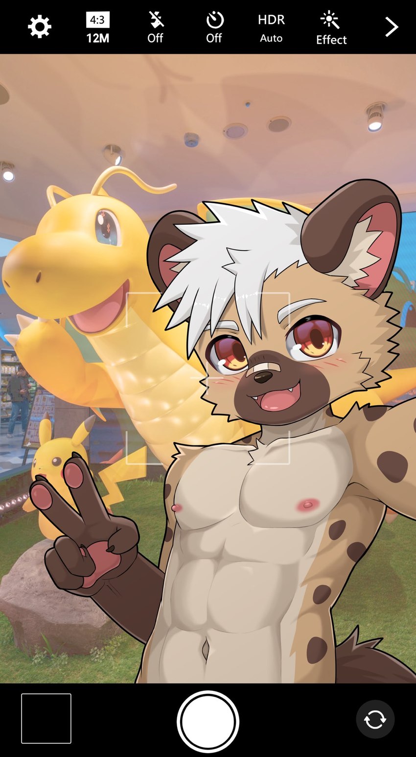 abs anthro athletic athletic_anthro athletic_male band-aid bandage brown_body brown_fur cellphone electronics fur hair male markings muscular muscular_young nipples pecs phone pose red_eyes selfie shirtless_male smile solo spots spotted_body spotted_fur white_hair young young_anthro young_male guran_demoneko nintendo pokemon hyena mammal spotted_hyena hi_res