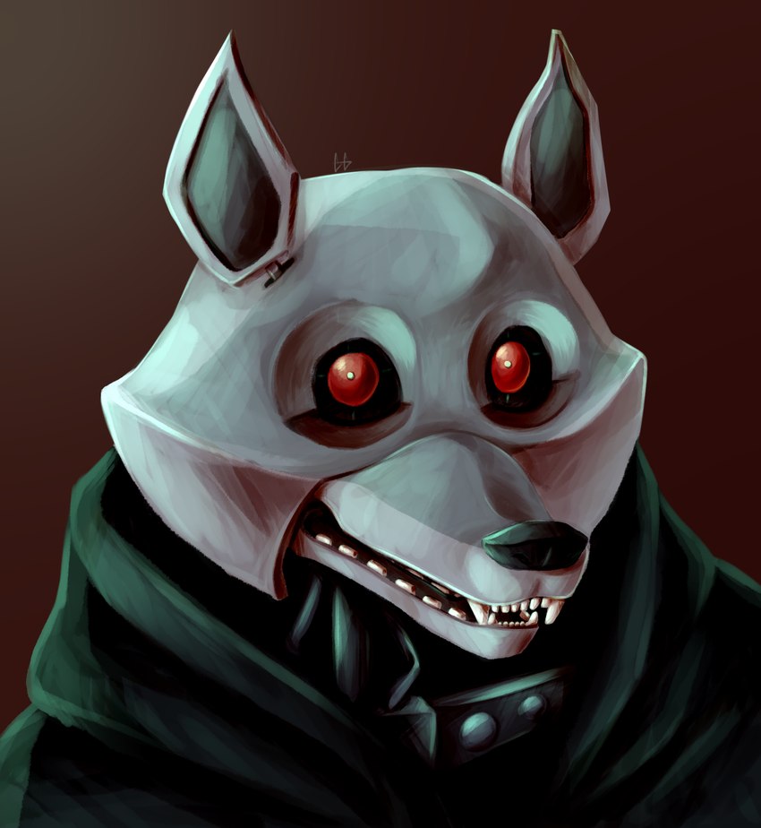 anthro cloak clothing creepy creepy_face fangs grey_body looking_at_viewer machine male poncho red_eyes simple_background solo teeth cgamer dreamworks puss_in_boots_(dreamworks) death_(puss_in_boots) animatronic canid canine canis mammal robot robot_anthro wolf hi_res portrait