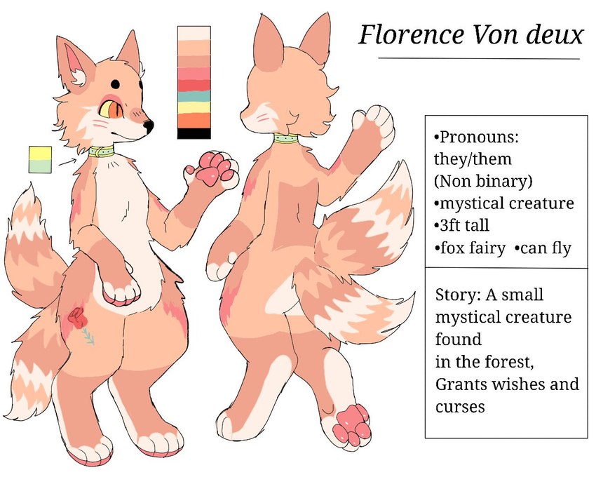 2_tails ambiguous_gender anthro biped collar description floral_markings fur fur_markings green_collar markings multi_tail orange_body orange_fur orange_tail pawpads paws pink_body pink_fur pink_pawpads red_body red_eyes red_fur red_tail smile solo stated_gender stated_height stated_pronouns stated_species tail tail_markings tan_body tan_fur tan_tail text yellow_sclera puppkittyfan1 florence_von_deux canid canine fairy_fox fox mammal mystical_creature 5:4 english_text model_sheet nonbinary_(lore)