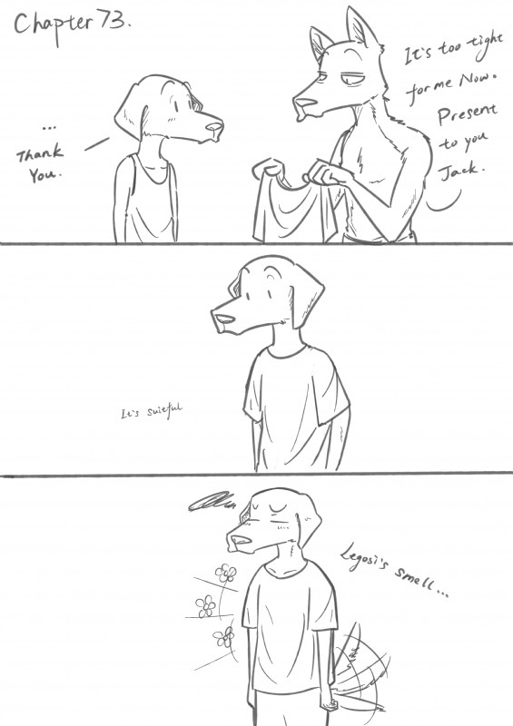 anthro blush clothed clothing male muscular shirt standing tail tail_motion tailwag tank_top text topless topwear drdalefox beastars jack_(beastars) legoshi_(beastars) bird_dog canid canine canis domestic_dog hunting_dog labrador mammal retriever wolf absurd_res comic english_text hi_res monochrome