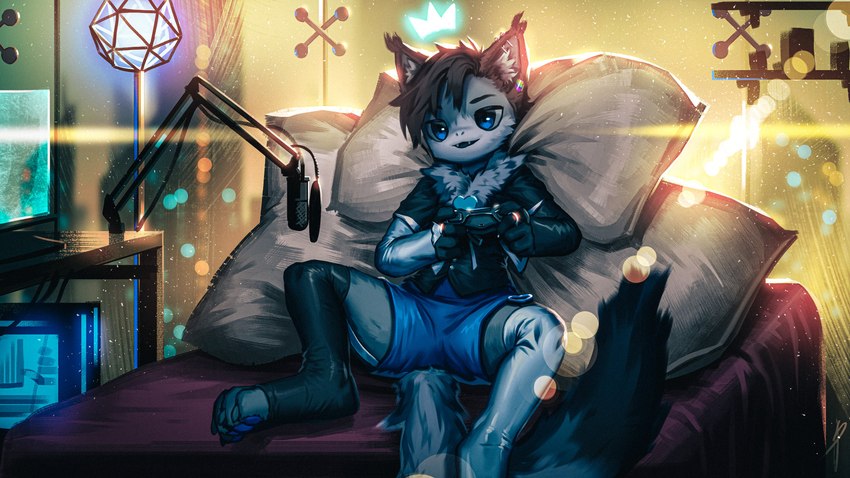 4_toes anthro armwear bed bedroom big_pillow blue_eyes blue_pawpads boom_microphone bottomwear bridal_gauntlets claws clothed clothing computer controller cropped_jacket crossdressing crown cute_fangs detailed_background digitigrade ear_tuft electronics fangs feet femboy floating_crown footwear front_view fully_clothed fur_trim_(clothing) furniture gaming glowing_crown hair headgear holding_controller holding_object inner_ear_fluff inside lens_flare light male male_anthro microphone on_bed open_mouth pawpads paws pillow pop_filter ps4_controller rainbow_piercings reclining short_hair shorts sitting socks solo spread_legs spreading teeth toeless_footwear toeless_legwear toeless_socks toeless_stockings toes tuft blaedic lumikin domestic_cat felid feline felis mammal 16:9 2022 absurd_res hi_res lighting widescreen