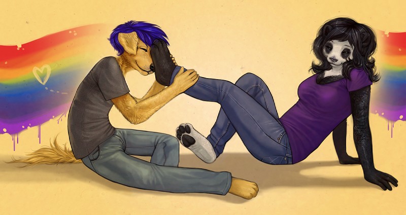 4_toes anthro barefoot black_hair blue_hair clothed clothing duo feet female foot_fetish foot_on_face fur hair heart_symbol male pawpads rainbow toes theowlette jiao lance_c._bones bear canid canine canis domestic_dog giant_panda mammal