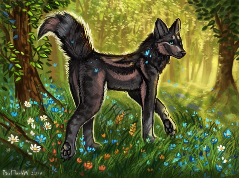 black_body black_fur black_pawpads blue_eyes detailed_background feral forest fur grass grey_body grey_fur looking_at_viewer pawpads plant quadruped smile solo standing tree wildflowers flashw arthropod butterfly canid canine canis domestic_dog insect lepidopteran mammal 2019 digital_media_(artwork)