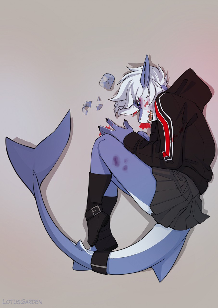 anthro blood bodily_fluids clothed clothing countershading female fin fingers open_mouth solo teeth tongue lotusgarden cyana_(code-blocker) fish marine shark 2020 hi_res