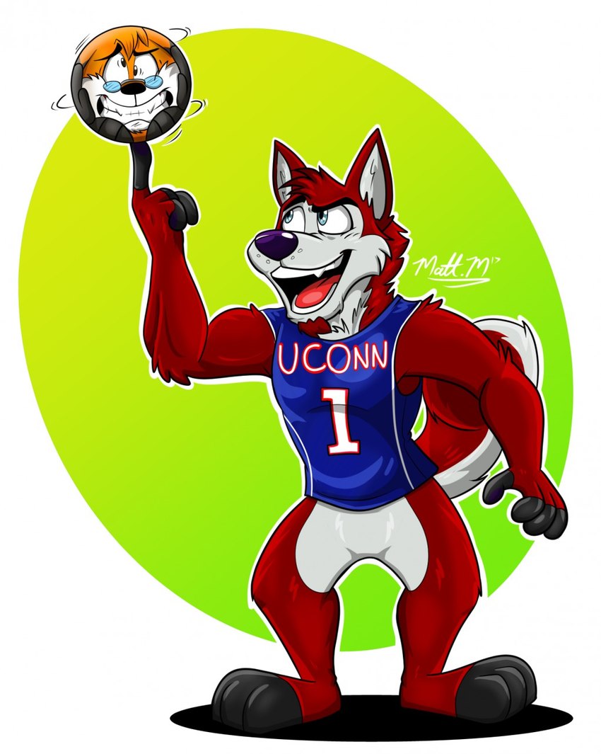 anthro ball_transformation basketball_uniform clothing duo eyewear glasses male nervous shirt simple_background smile smirk spinning_ball sportswear toony topwear uniform m.mcallister88 uconn_huskies vermyfox_(character) canid canine canis fox mammal red_fox true_fox wolf 2017 character_request hi_res signature