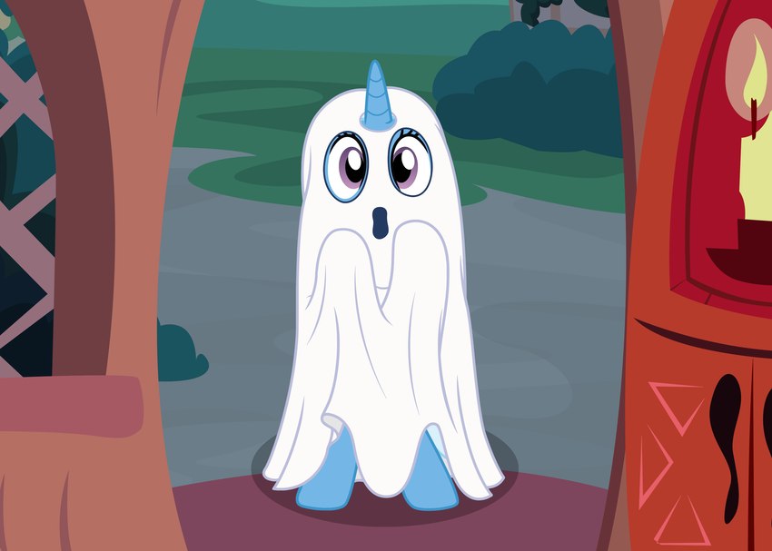 ambiguous_gender blue_body blue_fur clothing costume door doorway feral fur ghost_costume horn purple_eyes solo spoopy badumsquish friendship_is_magic hasbro my_little_pony mythology trixie_(mlp) equid equine mammal mythological_creature mythological_equine unicorn digital_media_(artwork) hi_res