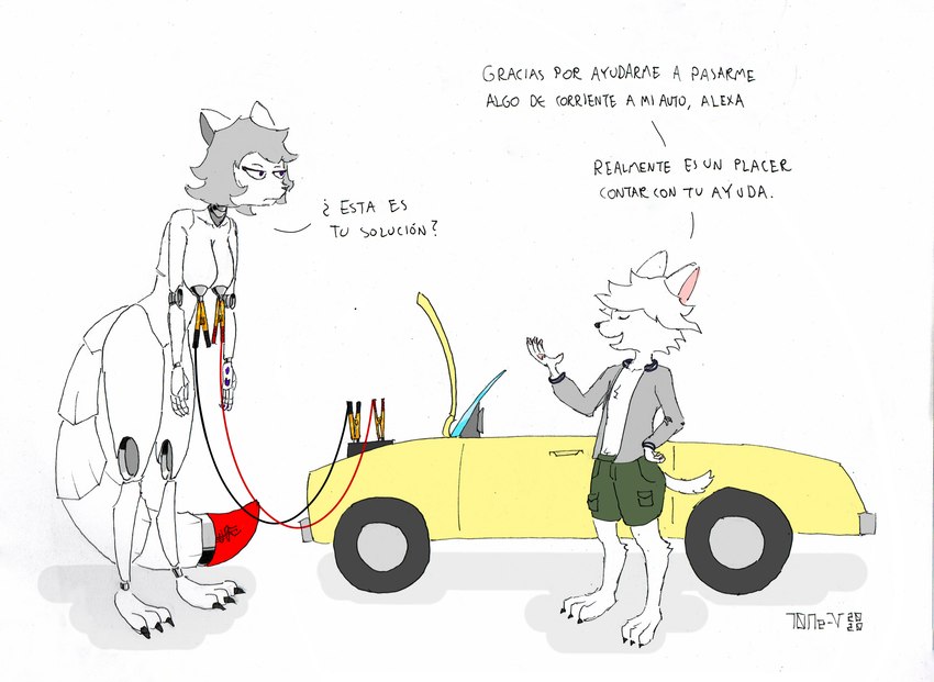 anthro battery big_breasts breasts car disappointed electricity female larger_female machine male male/female nipple_chain nipple_clamp nipples nude outside size_difference smaller_male text vehicle wire 10ne-v alexa_(10ne-v) canid canine canis domestic_dog fox living_machine mammal robot hi_res spanish_text