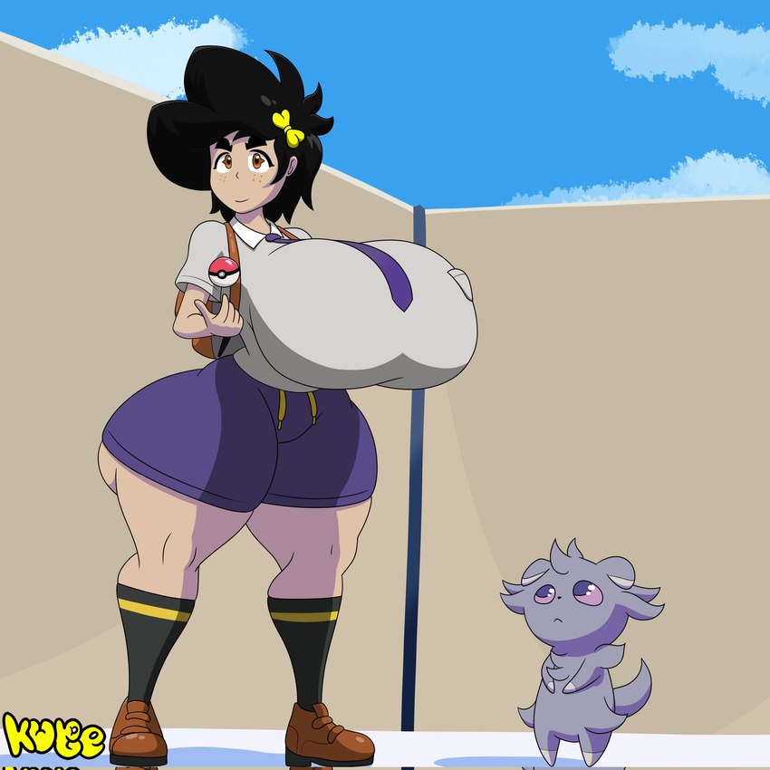 anthro big_breasts big_butt bottomwear breasts butt clothing duo female footwear grey_body huge_breasts huge_butt male necktie pokeball purple_eyes shirt shoes shorts socks thick_thighs topwear kuge nintendo pokemon piku_(kuge) espurr generation_6_pokemon human mammal pokemon_(species) 1:1 hi_res