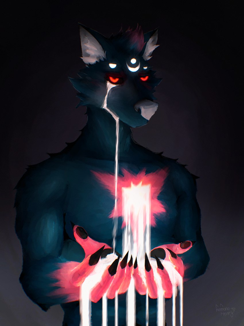 ambiguous_fluids anthro biceps bodily_fluids fur hair light looking_at_viewer male red_eyes simple_background solo kemonohenry mythology canid canine canis domestic_dog fox hybrid mammal mythological_canine mythological_creature werecanid werecanine werecreature werewolf wolf hi_res