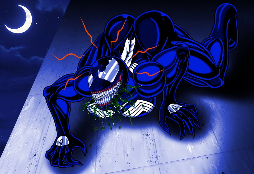 big_breasts big_butt blue_body breasts butt claws climbing_wall cloud emblem empty_eyes female moon muscular night not_furry nude sharp_teeth solo spider_sense star teeth tasuku13 marvel she-venom venom_(marvel) alien alien_humanoid humanoid symbiote alternate_version_at_source hi_res