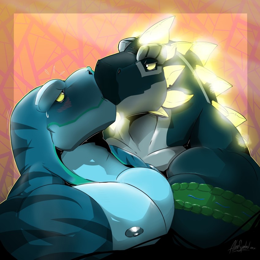 anthro blue_body blush duo glowing green_body hug kissing male male/male muscular muscular_anthro muscular_male nipples pecs simple_background spikes yellow_eyes aliensymbol dragomar hekar brightosaur dinosaur lizard prehistoric_species reptile scalie 1:1 digital_media_(artwork) hi_res