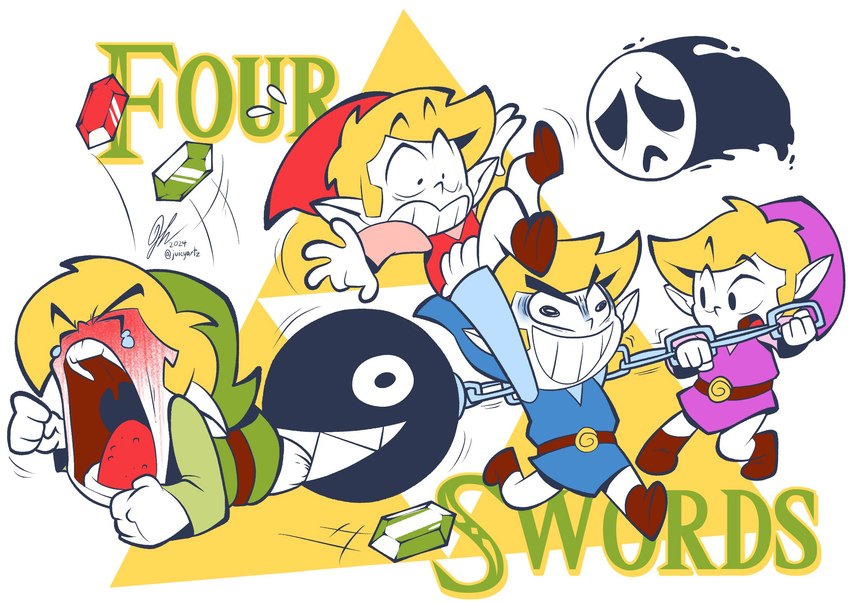 being_watched bite carrying_another clothing footwear group humanoid_pointy_ears light_body light_skin looking_at_another male not_furry pain pointy_ears rupee smile square_crossover juicyartz four_swords mario_bros nintendo the_legend_of_zelda wind_waker toon_link chain_chomp elf humanoid hylian crossover hi_res