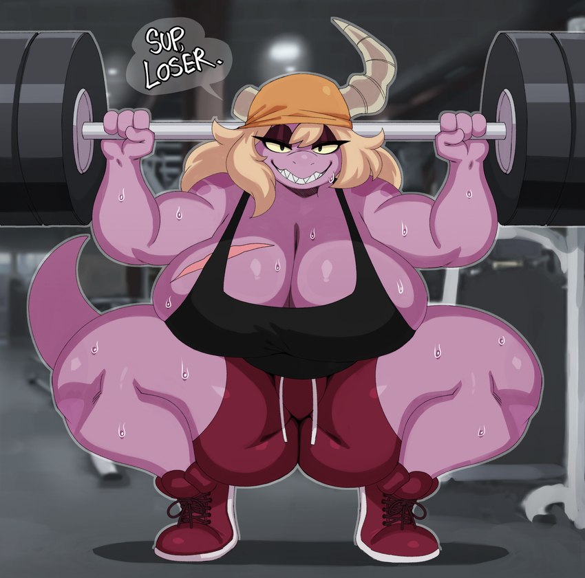 4_fingers anthro barbell big_breasts blonde_hair bodily_fluids breasts broken_horn dialogue exercise eyelashes eyeliner female fingers hair horn huge_breasts huge_thighs looking_at_viewer makeup muscular muscular_female non-mammal_breasts scar sharp_teeth smile solo speech_bubble sportswear sweat sweaty_breasts sweaty_legs sweaty_thighs talking_to_viewer teeth text thick_thighs weightlifting weights wide_hips workout sssonic2 mythology cass_(simplifypm) dragon mythological_creature mythological_scalie scalie 2024 digital_media_(artwork) english_text hi_res