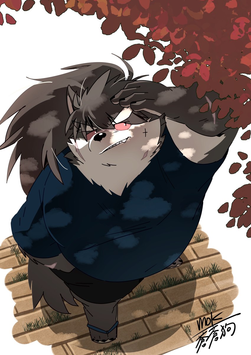 4_toes anthro autumn clothing eyebrows feet flip_flops foot_fetish footwear fur hair male multicolored_body multicolored_fur musclegut muscular paws pecs pink_eyes ponytail sandals shirt shoes solo t-shirt thick_eyebrows toes topwear two_tone_body two_tone_fur buruukoori lifewonders tokyo_afterschool_summoners shino_(tas) canid canine canis domestic_dog mammal absurd_res hi_res