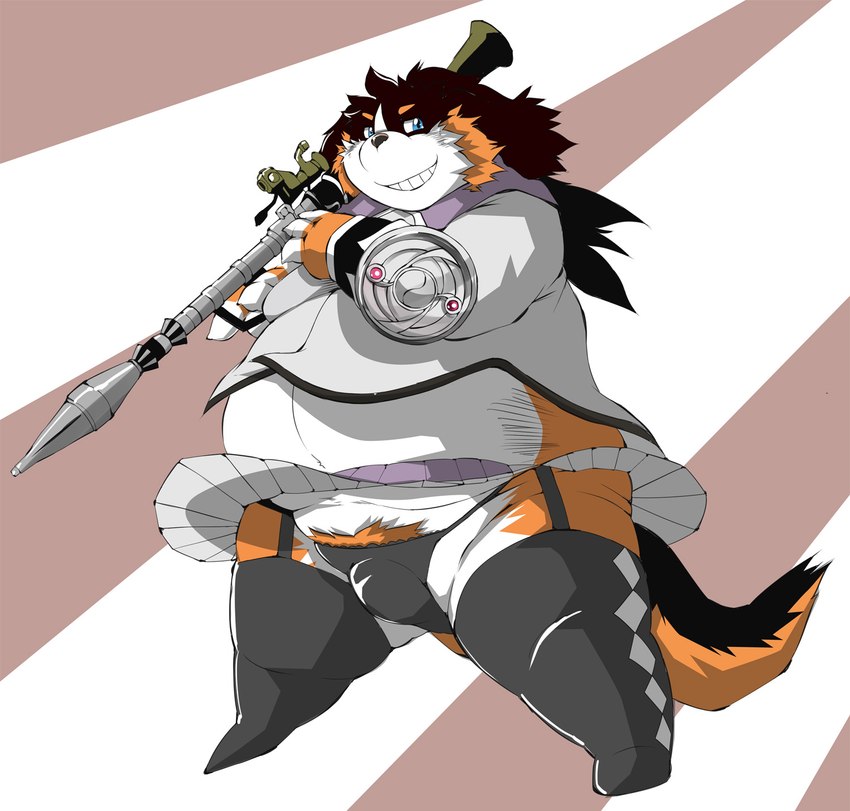 anthro belly big_belly black_body black_clothing black_nose black_underwear brown_body bulge clothed clothing crossdressing humanoid_hands kemono male overweight overweight_male panties solo underwear weapon white_body chibineco puella_magi puella_magi_madoka_magica bernese_mountain_dog canid canine canis domestic_dog mammal molosser mountain_dog swiss_mountain_dog 2022 hi_res