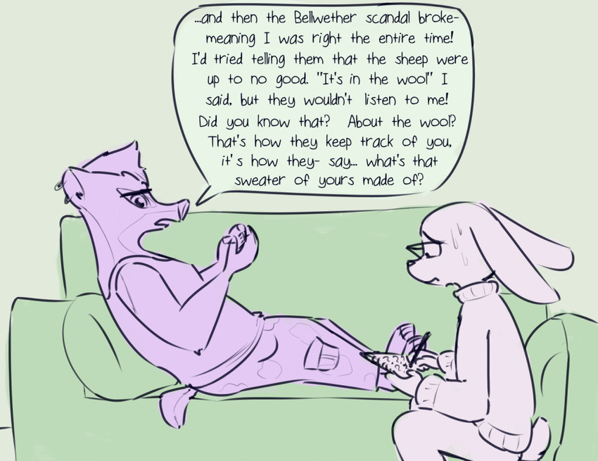 anthro bodily_fluids clothed clothing dialogue duo ear_piercing ear_ring eyewear fully_clothed fur furniture glasses holding_object piercing psychiatrist question_mark reclining ring_piercing sitting sofa sweat sweatdrop therapist therapy writing_text visiti disney zootopia honey_badger_(zootopia) violet_hopps badger honey_badger lagomorph leporid mammal mustelid musteline rabbit 2018