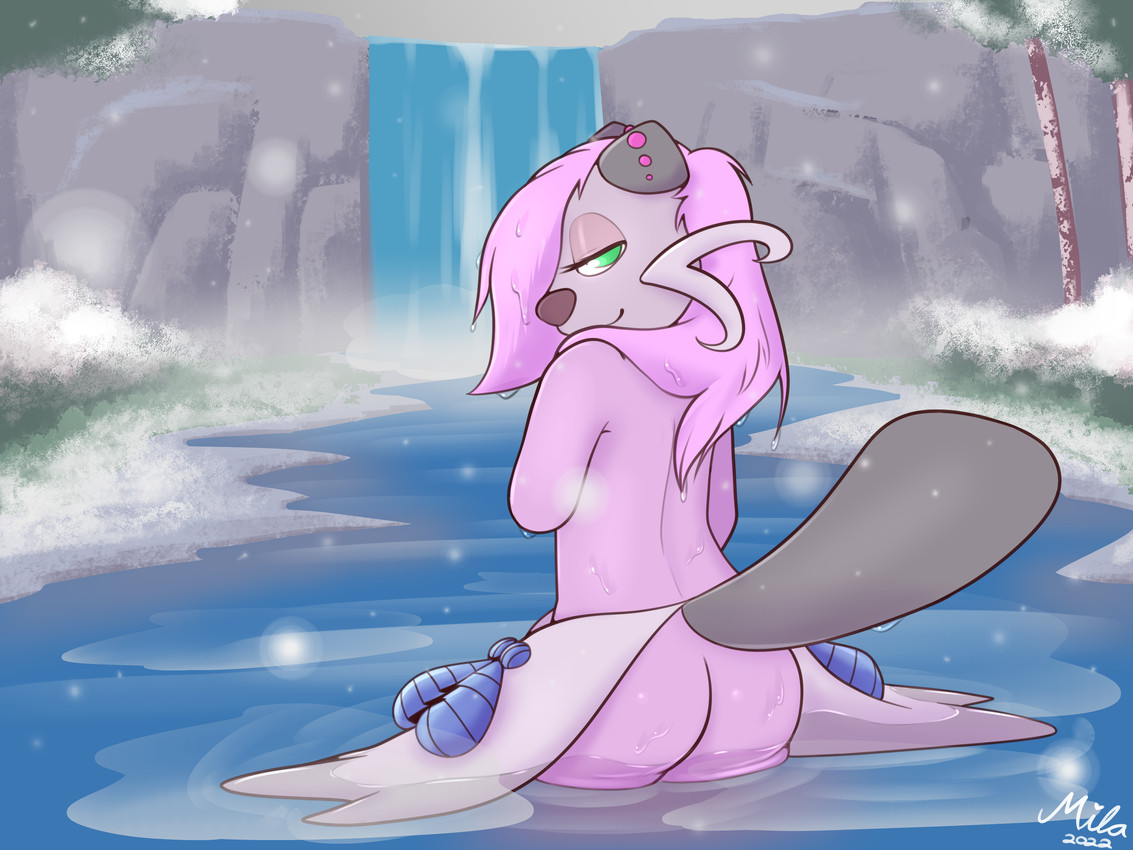 bedroom_eyes butt detailed_background ear_piercing female fur green_eyes hair looking_at_viewer looking_back narrowed_eyes outside partially_submerged piercing pink_body pink_fur pink_hair plant raised_tail river seashell seductive shell snow solo steam tail tree water waterfall wet wet_body wet_fur milachu92 nintendo pokemon dewott generation_5_pokemon pokemon_(species) 2022 4:3 absurd_res hi_res signature