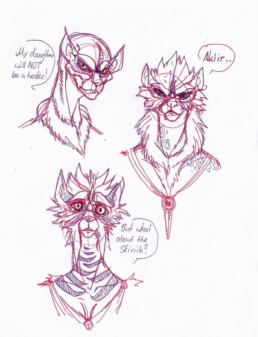 anthro bald fur group jewelry leopard_spots male neck_tuft necklace speech_bubble spots striped_body striped_fur stripes tuft vanthecheesenone_(artist) albion_(game) blue_byte_(game_developer) alien felid feline iskai_(albion) mammal bust_portrait guide_lines hi_res portrait sketch