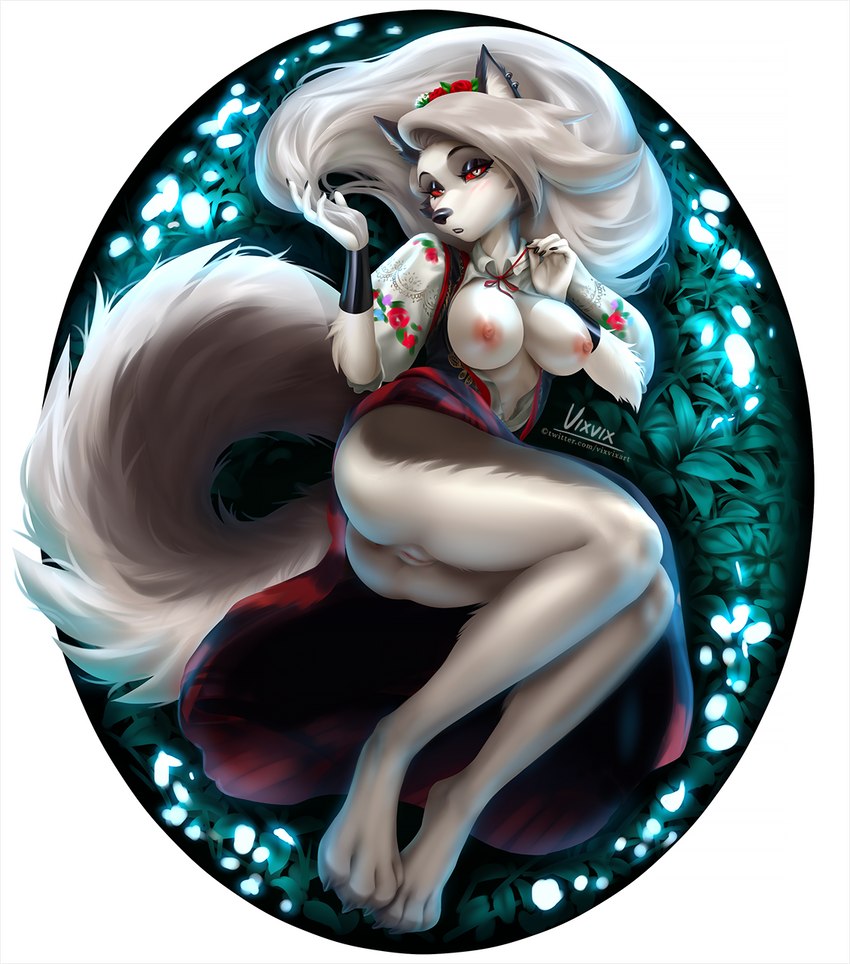 anthro anus areola blush bottomwear breasts clothing dress ear_piercing ear_ring female flashing fur genitals grey_body grey_fur grey_hair hair looking_at_viewer nipples piercing pink_nipples presenting pussy red_sclera ring_piercing skirt slavic solo white_body white_eyes white_fur vixvixart helluva_boss mythology loona_(helluva_boss) canid canid_demon canine demon hellhound mammal mythological_canine mythological_creature hi_res