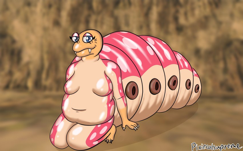 bald female grub-dog_(pikmin) looking_at_viewer nude pink_body pink_skin sitting solo wrinkles pixiecatsupreme nintendo pikmin arthropod bulborb_(pikmin) empress_bulblax 16:10 hi_res widescreen