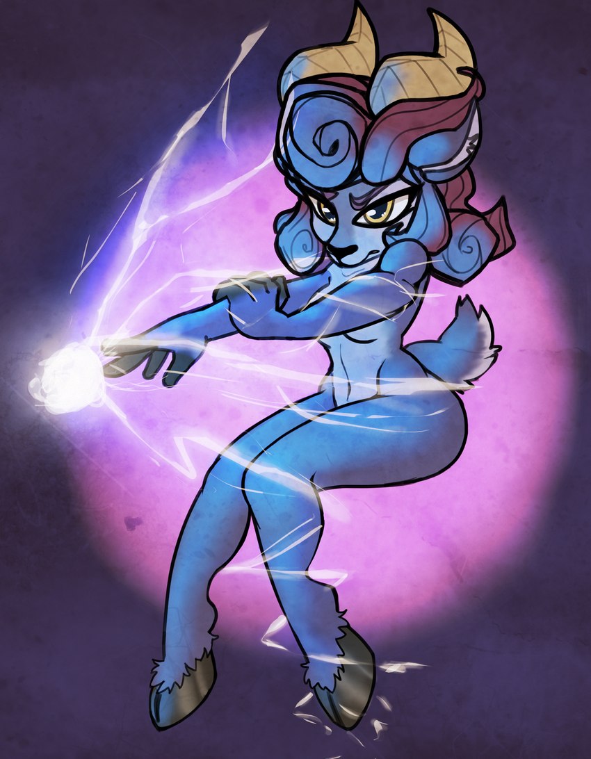 anthro electricity female hooves horn lightning nude pose simple_background sitting solo tail tasteful_nudity viofsa rivals_of_aether absa bovid caprine goat mammal 2024 digital_media_(artwork) hi_res