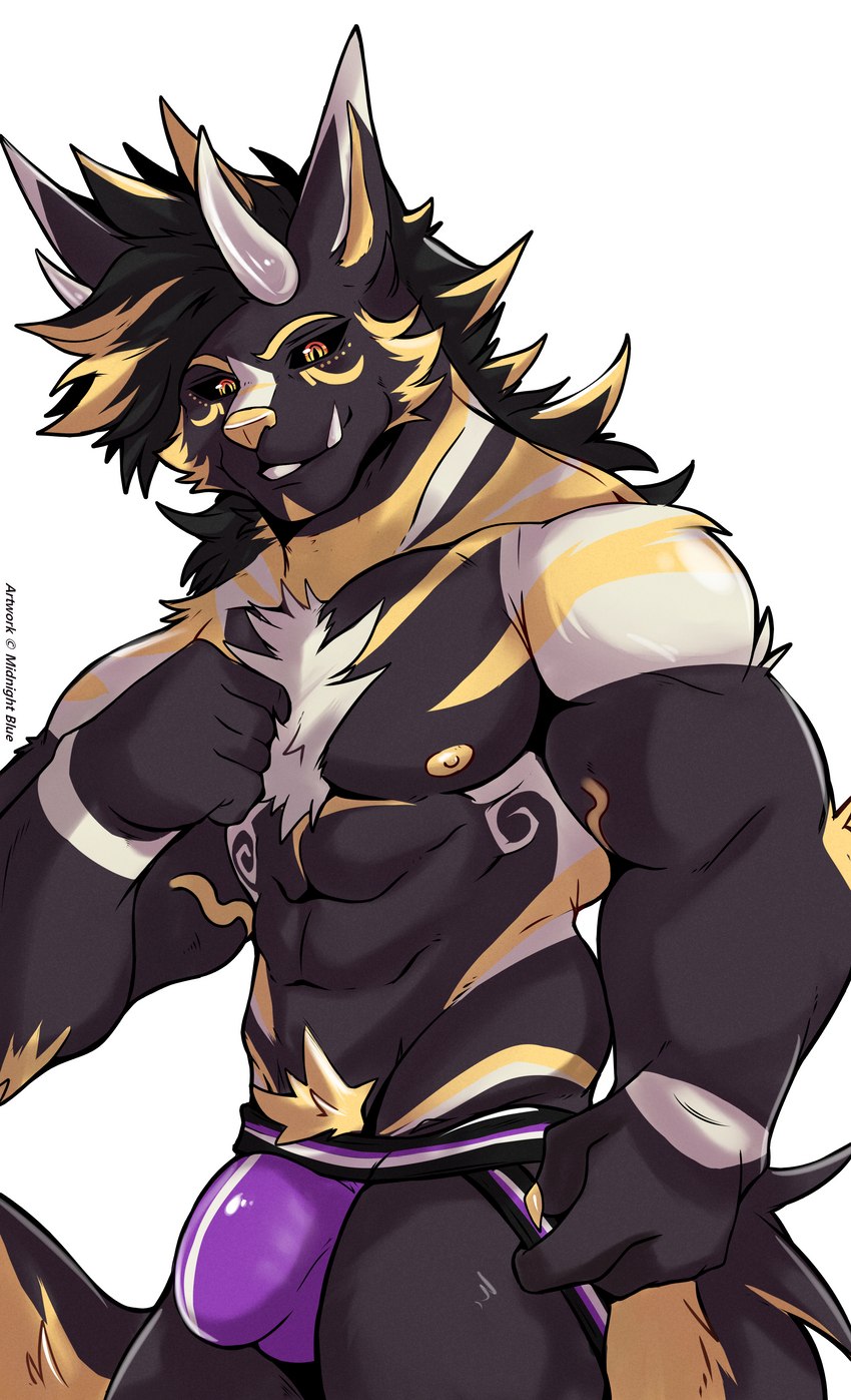 anthro bulge clothing egyptian fur jockstrap male muscular muscular_male nipples solo tattoo underwear midnight_blue egyptian_mythology middle_eastern_mythology mythology obsidian_(midnight_blue) felid feline mammal absurd_res hi_res