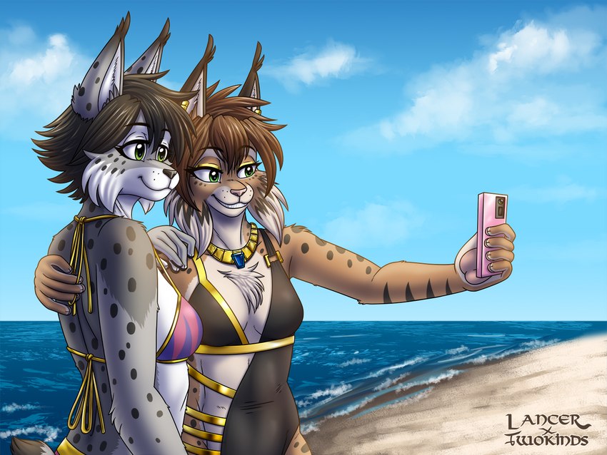 5_fingers anthro back-tie_bikini back-tie_clothing back-tie_swimwear beach bikini bikini_top black_nose breasts brown_body brown_fur brown_hair cellphone chest_tuft cleavage clothed clothing colored_edge_bikini duo ear_piercing ear_ring electronics female fingers fur grey_body grey_fur hair hand_on_back hand_on_shoulder humanoid_hands jewelry markings neck-tie_bikini neck-tie_clothing neck-tie_swimwear necklace one-piece_swimsuit outside phone piercing pink_nose ring_piercing sand seaside selfie sideless_clothing sideless_swimsuit smartphone smile spots spotted_body spotted_fur square_ring_swimwear swimwear tied_bikini tuft two-piece_swimsuit water heresy_(artist) lancer:_the_knights_of_fenris twokinds alice_reed mika_fadeneir felid feline keidran lynx mammal 2023 4:3