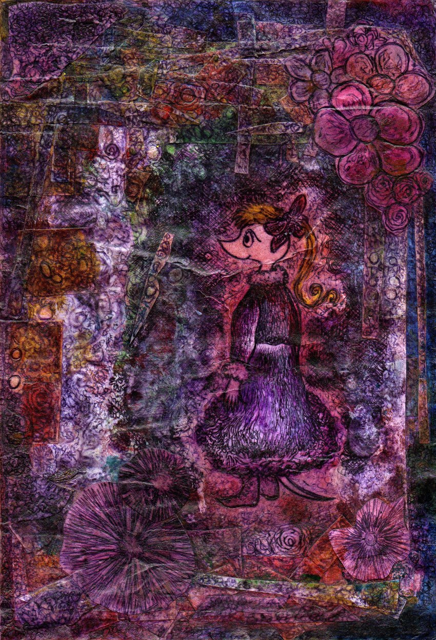 abstract_background accessory anthro blonde_hair bow_ribbon clothing dress female flower hair hair_accessory hair_bow hair_ribbon plant ribbons solo standing stylized tail janet_k_wallace the_moomins houska humanoid absurd_res collage_(artwork) colored hi_res painting_(artwork) traditional_media_(artwork) traditional_painting_(artwork) traditional_watercolor_(artwork) watercolor_(artwork)