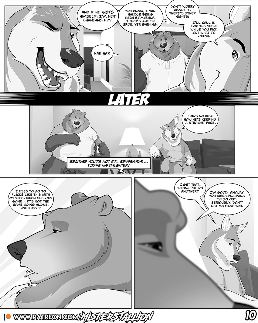 anthro clothed clothing dialogue dress_shirt duo fur furniture inside lamp male on_sofa one_eye_closed open_mouth patreon_logo shirt sitting sitting_on_sofa sofa speech_bubble teeth text topwear wink misterstallion patreon ardent_(misterstallion) sid_(misterstallion) bear canid canine canis mammal wolf 4:5 comic english_text greyscale hi_res monochrome url