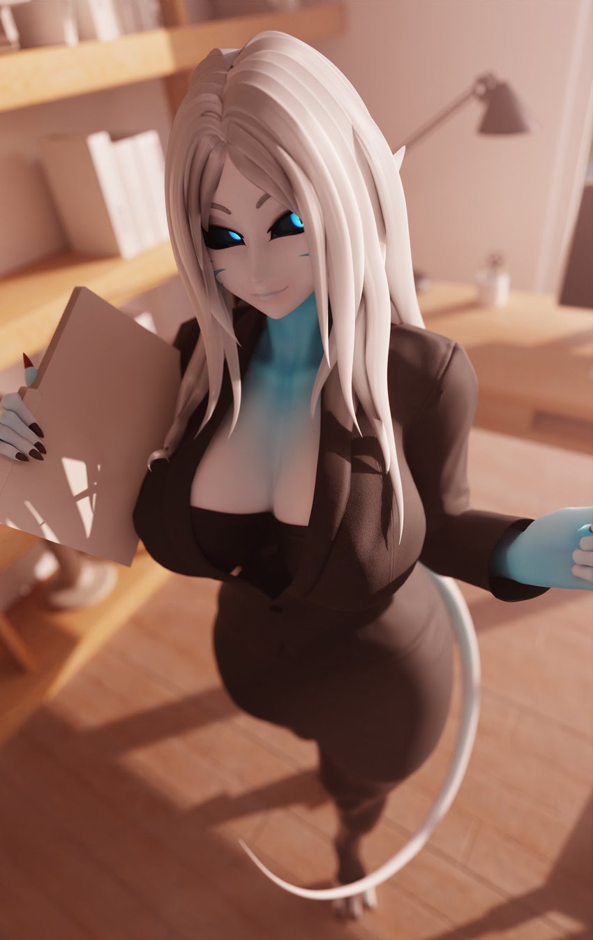 big_breasts black_nails black_sclera blue_eyes blurred_background breasts cleavage clipboard clothed clothing colored_nails facial_markings female fully_clothed fully_clothed_female hair head_markings holding_clipboard holding_object inside jacket long_hair long_tail looking_at_viewer markings monster_girl_(genre) nails office_clothing office_lady smile solo standing suit tail topwear white_hair bysamzan scarlett_(bysamzan) alien alien_humanoid humanoid 2024 3d_(artwork) absurd_res blender_(artwork) digital_media_(artwork) hi_res