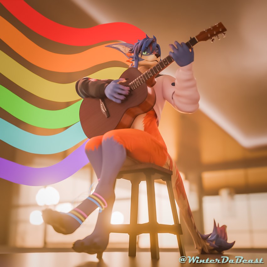 anthro clothing guitar hair lgbt_pride male musical_instrument playing_music plucked_string_instrument pride_color_flag pride_colors rainbow rainbow_pride_colors solo string_instrument tail winterdabeast eris_nova canid canine felid fox mammal pantherine tiger 1:1 3d_(artwork) blender_(artwork) digital_media_(artwork) hi_res