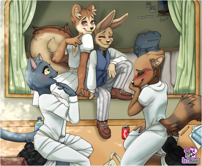 anthro bag bed beverage blush border charming clothing dormitory female footwear furniture group hanging_out male relaxing school_bag school_uniform shoes smile uniform white_border icedfoxes beastars sally_(beastars) voss_(beastars) canid canine felid feline fennec_fox fox mammal raccoon_dog rodent sciurid tanuki tree_squirrel true_fox hi_res