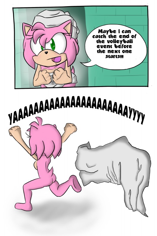 anthro big_eyes breasts butt communal_shower drying featureless_feet feet female green_eyes public_shower simple_background text toony towel towel_on_head towel_wrap white_background sandunky sega sonic_the_hedgehog_(series) amy_rose eulipotyphlan hedgehog mammal 2:3 absurd_res comic english_text hi_res