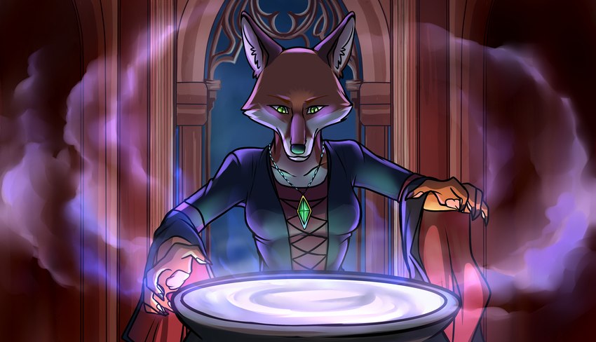 anthro castle cauldron emerald_(gem) female focused fog gem gown green_eyes jewelry magic medieval night pawpads pendant solo witchcraft jarts tales_from_valmeridia silva_vernalis canid canine fox mammal hi_res story story_in_description