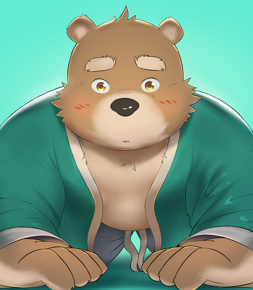 anthro belly blue_background blush bottomwear brown_body brown_fur clothing fur humanoid_hands kemono male overweight overweight_anthro overweight_male pants simple_background solo neiiio bear mammal 2020 hi_res