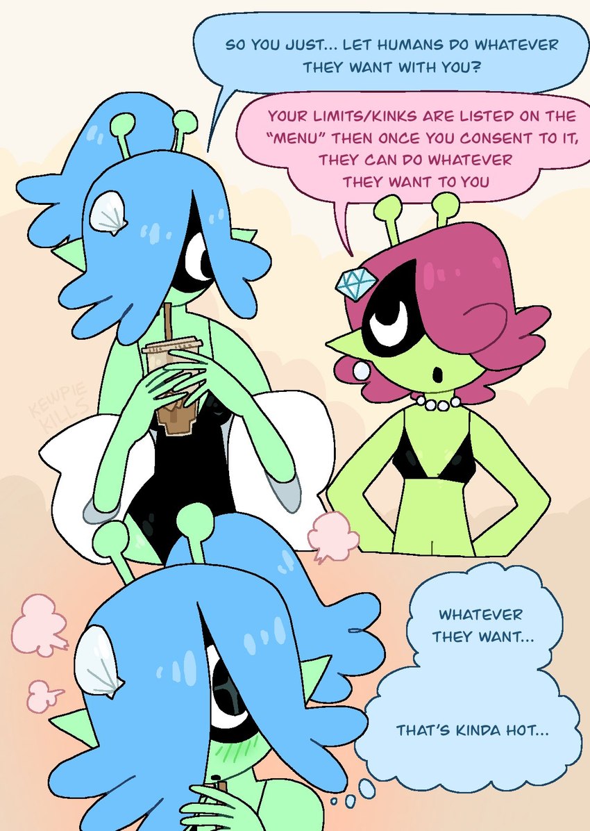 antennae_(anatomy) aroused beverage bikini blue_hair clothing diamond_(gem) gem green_body hair jewelry navel necklace not_furry pearl_(gem) pearl_necklace prostitution shell speech_bubble swimwear text thought_bubble two-piece_swimsuit kewpiekills bessie_(kewpiekills) cerise_circle_(kewpiekills) alien alien_humanoid humanoid digital_drawing_(artwork) digital_media_(artwork) english_text hi_res