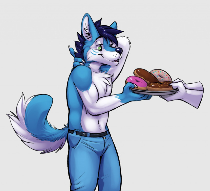 anthro belt bottomwear clothed clothing countershading denim denim_bottomwear denim_clothing dessert doughnut food jeans male nordic pants partially_clothed pastry solo topless weight_gain mintyderg wintie canid canine canis domestic_dog husky hybrid mammal nordic_sled_dog spitz wolf wolfdog 2020