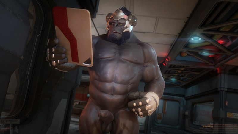 abs anthro armor balls biceps big_muscles biped black_body black_hair black_skin bodily_fluids erection facial_hair fangs genital_fluids genitals grey_body grey_skin hair headgear helmet humanoid_genitalia humanoid_penis male muscular muscular_anthro muscular_male nipples nude obliques open_mouth pecs penis precum precum_string scientist slow solo standing teeth triceps vein veiny_muscles yellow_eyes darkviperbara blizzard_entertainment overwatch winston_(overwatch) ape gorilla haplorhine mammal primate 16:9 3d_(artwork) digital_media_(artwork) widescreen