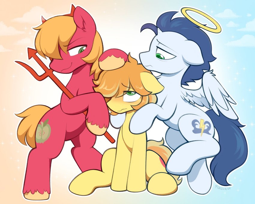 angel_and_devil blonde_hair blue_hair blush cutie_mark fur green_eyes group hair halo male male/male pitchfork red_body red_fur temptation tools white_body white_fur wings yellow_body yellow_fur moozua friendship_is_magic hasbro my_little_pony big_macintosh_(mlp) braeburn_(mlp) soarin_(mlp) wonderbolts_(mlp) angel demon equid equine horse mammal pony 5:4 hi_res