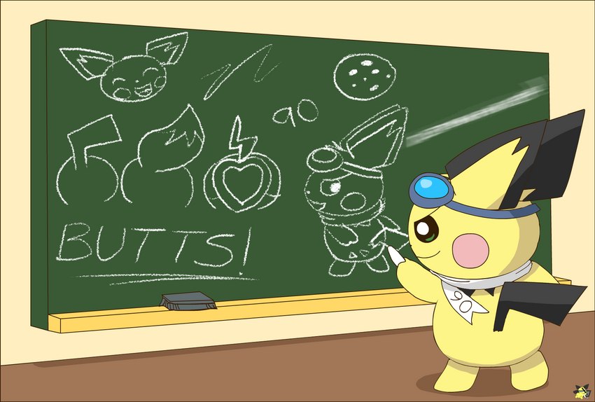 butt chalk chalkboard chalkboard_eraser drawing eyewear eyewear_on_head feral fur goggles goggles_on_head logo male scarf solo text white_scarf yellow_body yellow_fur pichu90 nintendo pokemon sparks_pichu generation_2_pokemon pichu pokemon_(species) 2023 artist_logo english_text hi_res